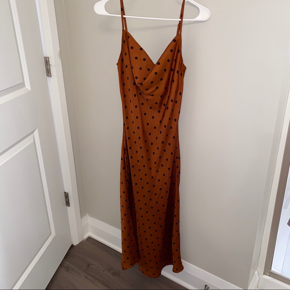 Burnt orange/brown satin polka dot dress